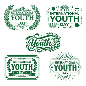 International Youth Day typographic designs with laurel wreaths and green flourishes