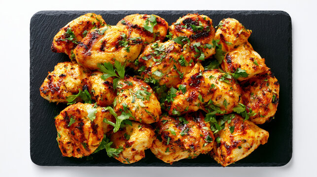 Grilled chicken pieces with herbs on a black slate board, top view