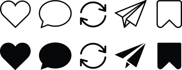 Fototapeta premium Minimalist outlined and filled social media interface icons set including heart, chat bubble, refresh, send, and bookmark symbols