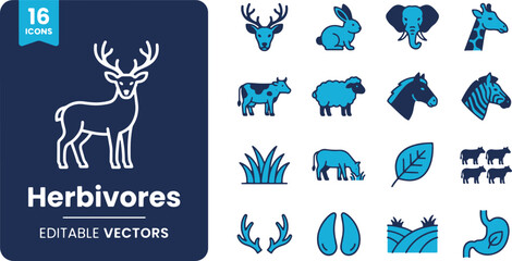 Obraz premium A premium collection of diverse herbivore animal line art vector icons, perfect for educational content, nature themes, or wildlife graphic design projects