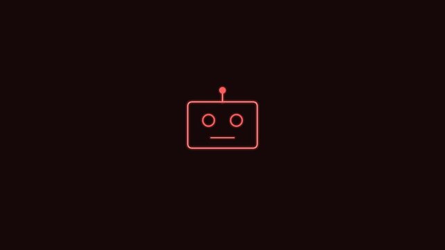 AI robot head line icon with antenna and eyes, red neon style
