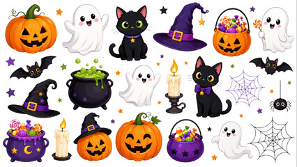 Obraz premium Cute Halloween Cartoon Elements with Pumpkins, Ghosts, Black Cats and Witch Hats Isolated on White