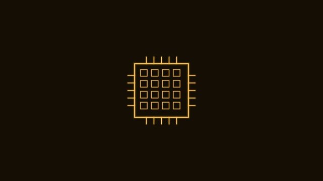 CPU processor core line icon with grid and pins, amber neon style