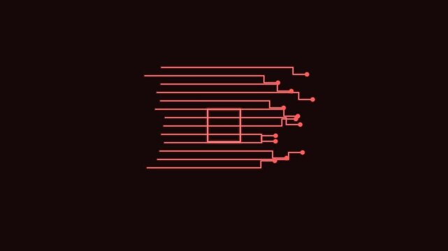 circuit board line icon with connected traces and nodes, red neon style