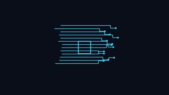 circuit board line icon with connected traces and nodes, cyan neon style
