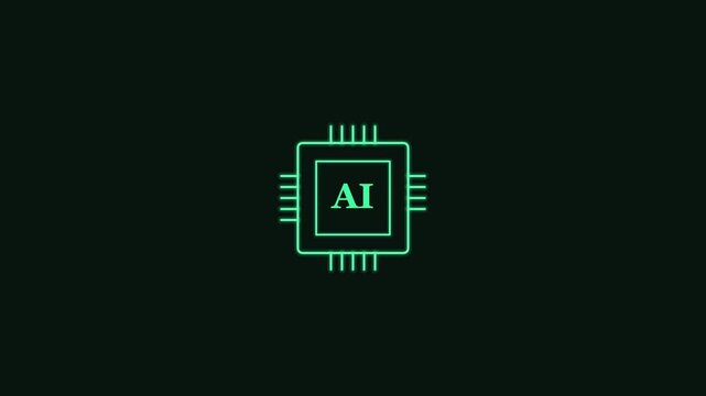 AI processor chip line icon with pins and AI label, green neon style