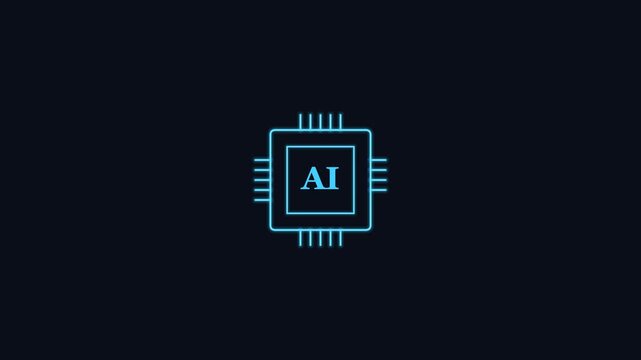 AI processor chip line icon with pins and AI label, cyan neon style
