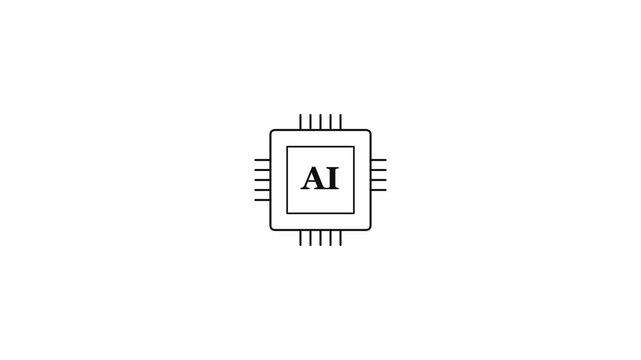 AI processor chip line icon with pins and AI label, black style