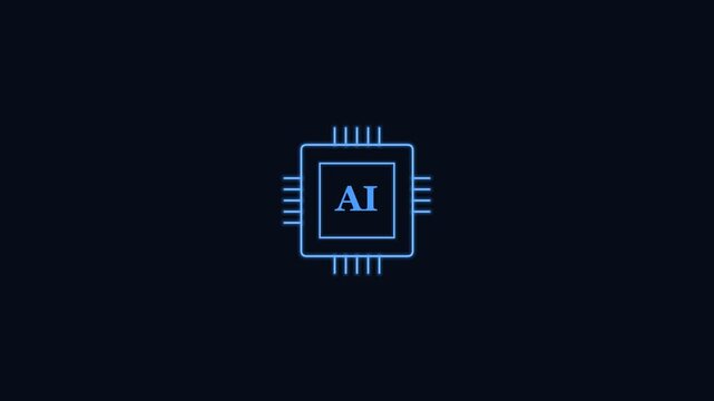 AI processor chip line icon with pins and AI label, blue neon style