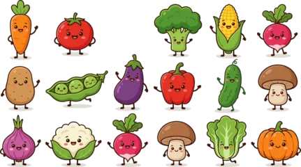 Cute cartoon vegetable mascot character set vector illustration featuring smiling happy faces carrot tomato broccoli corn potato pepper pumpkin for children nutrition food design © MdNayeem