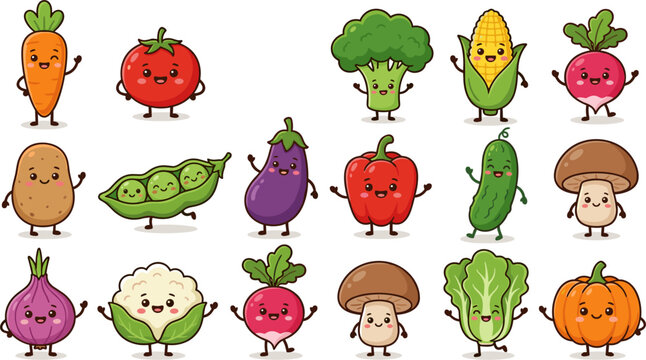 Cute cartoon vegetable mascot character set vector illustration featuring smiling happy faces carrot tomato broccoli corn potato pepper pumpkin for children nutrition food design