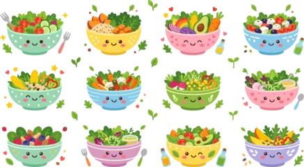 Cute cartoon salad bowl character vector set featuring healthy organic food ingredients with smiling faces avocado lettuce tomato and corn for kids menu children nutrition illustration © MdNayeem