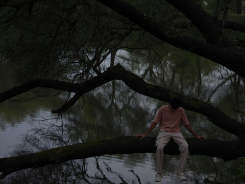 Contemplative Figure on Branch in Natural Setting