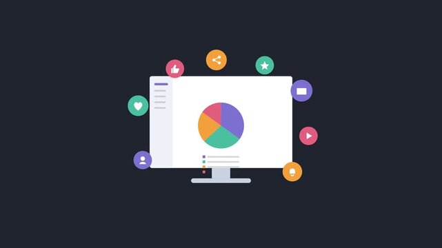 digital marketing concept with a desktop pie chart and floating marketing icons, charcoal color scheme