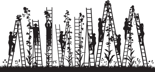 Silhouetted figures ascend ladders amidst stylized plants under a soft natural light © SDR