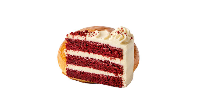 Red velvet cake slice rests on a soft bun to create a unique culinary contrast for modern food photography.
