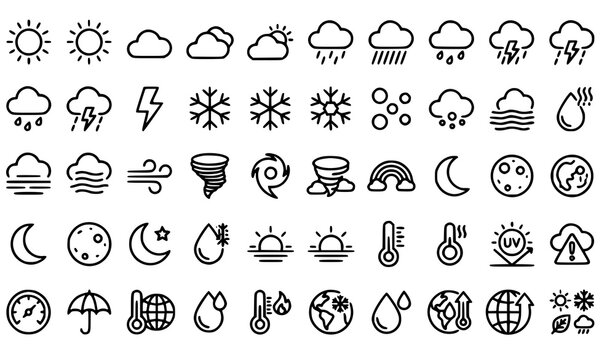 weather, climate, forecast, atmosphere, sun, clouds, rain, snow, wind, storm, lightning, moon, rainbow, humidity, thermometer, umbrella, meteorology, temperature, sky, seasonal, icon, outline, linear,