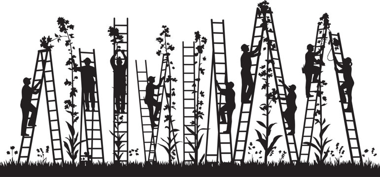 Silhouetted figures ascend ladders amidst stylized plants under a soft natural light