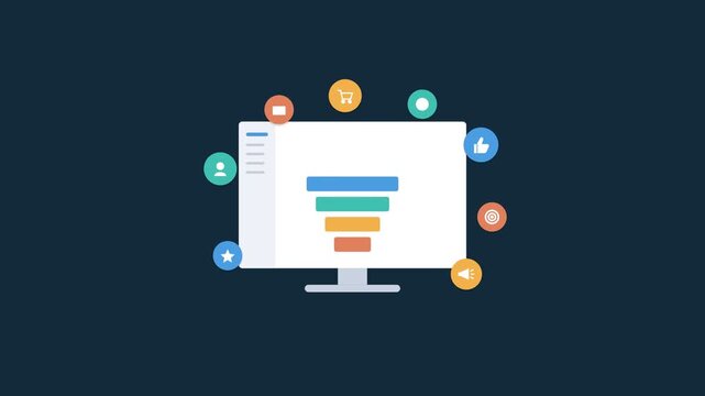 digital marketing concept with a desktop sales funnel and floating marketing icons, ocean blue color scheme