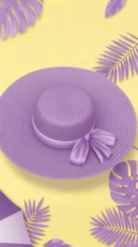 Topdown sequence of a purple sunhat sliding across a yellow beach flatlay with umbrella, sunglasses and flipflops summer style scene.