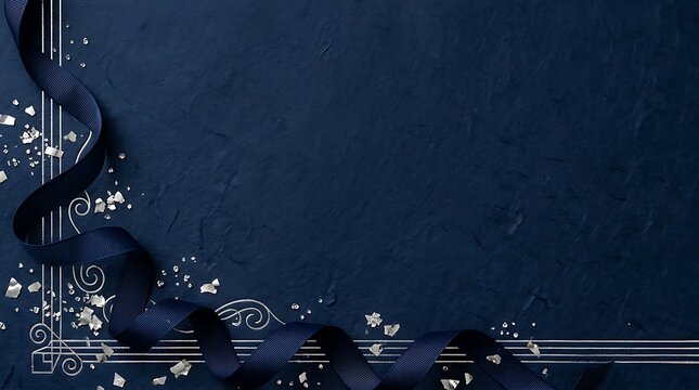 Elegant navy blue festive background featuring a flowing silk ribbon with silver accents and decorative confetti on a textured surface