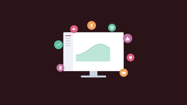 digital marketing concept with a desktop area chart and floating marketing icons, wine red color scheme