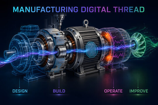 Manufacturing Digital Thread - Detailed 3D manufacturing infographic visualizing industrial engineering, smart factory operations and production innovation