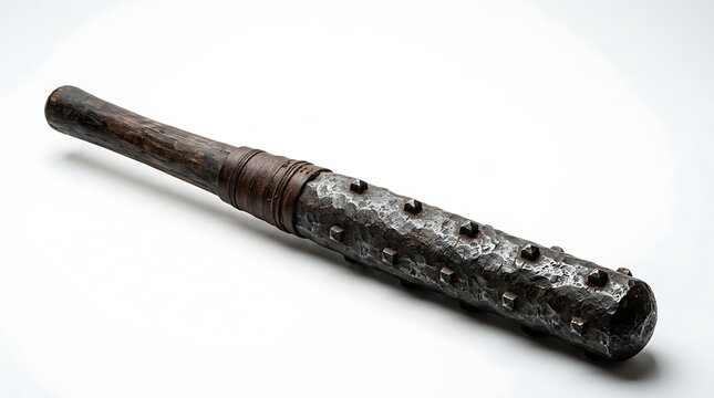Ancient heavy iron kanabo weapon featuring a textured metal surface with sharp protruding studs and a weathered wooden handle grip