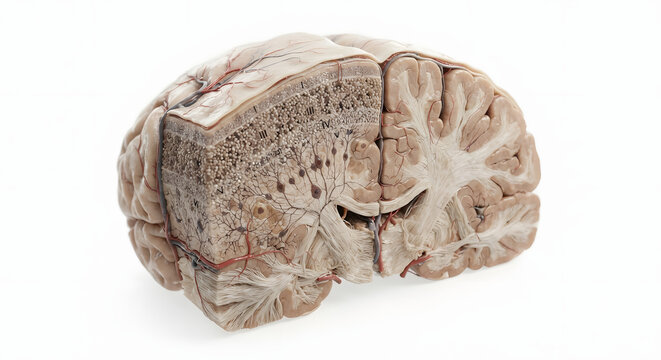 Human Cerebral Cortex Cross Section with White Matter Tracts &ndash; Ultra Realistic 3D Medical Anatomy Illustration