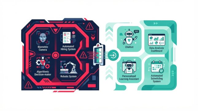 Various applications of artificial intelligence in different systems such as hiring and learning.
