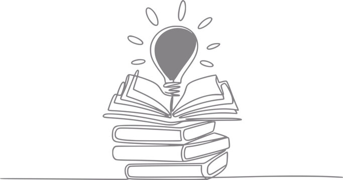 Una l&iacute;nea continua de una bombilla encendida que emerge de un libro abierto apoyado en una pila de muchos libros.