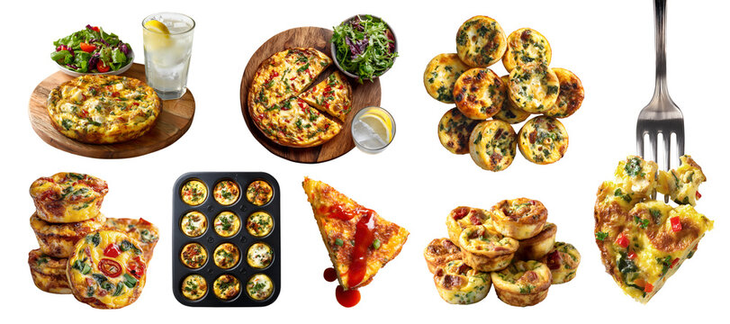 Set of Italian Frittata, egg-based dish with ingredient of meat cheese vegetable, muffin tray, serving tray with salad and lemon tea, fork, broken slices stack, transparent cutout PNG mockup