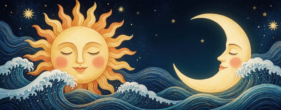Stylized illustration of smiling sun, crescent moon over ocean waves. Celestial bodies float in dark starry night sky above blue sea. Dreamy fantasy art shows balance between day, night through calm
