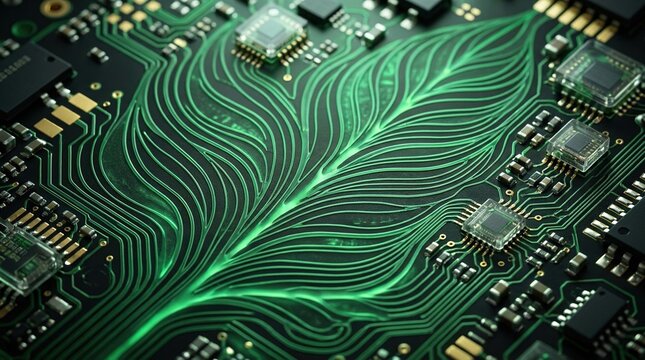 Green leaf circuit board pattern. Abstract digital motherboard with organic fractal lines.