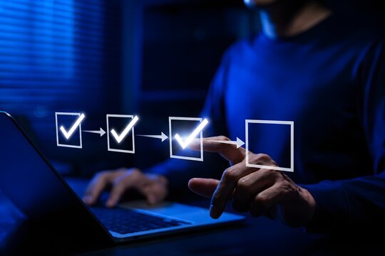 Business workflow checklist and task management automation concept. Professional selecting digital checklist step with check marks representing project progress, process control, productivity workflow