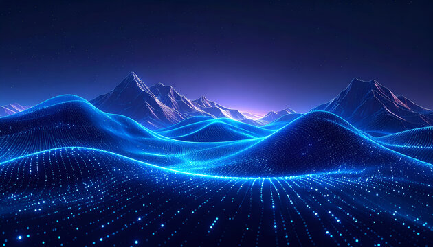 Abstract Digital Landscape with Glowing Blue Waves and Mountains.