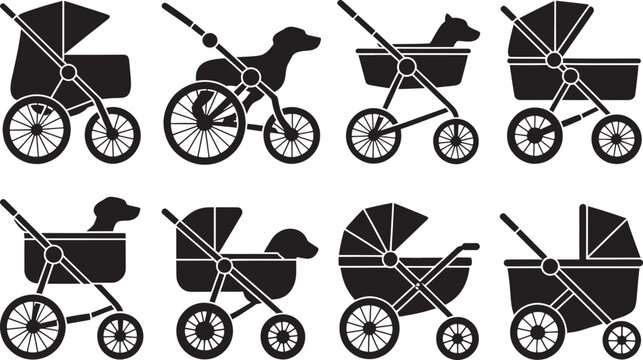 Baby carriage collection different styles set of simple black silhouettes on plaid background.