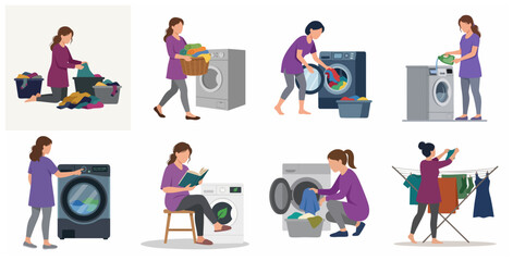Fototapeta premium Set of women characters doing laundry chores in flat illustration style