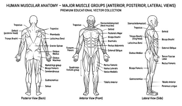 Human Muscular Anatomy Front Side Back Medical Vector Illustration Collection