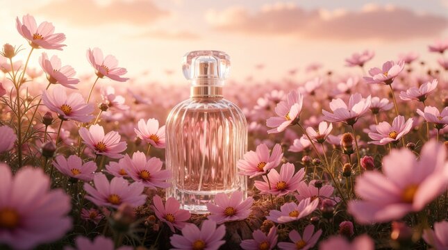 Glass perfume bottle sits in field of pink cosmos flowers. Soft light illuminates product. Bottle has golden cap and transparent liquid. Gentle breeze moves petals. Floral captured at sunrise.