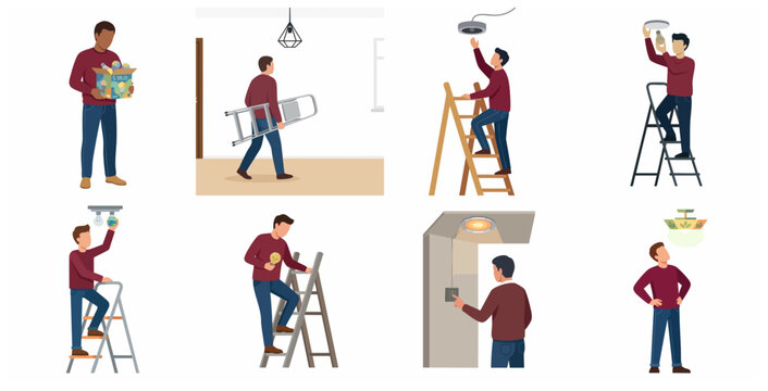 Set of diverse men changing light bulbs, installing fixtures, and using ladders for home lighting maintenance and electrical repairs in flat vector style.