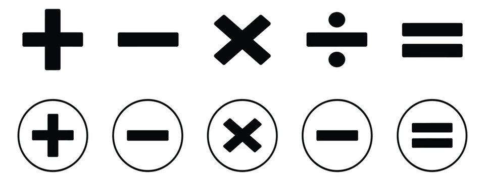 Mathematical Symbol Icon Set with Plus, Minus, Multiply, Divide, and Equal Signs for Arithmetic, Education, Calculators, and Digital Interface Design