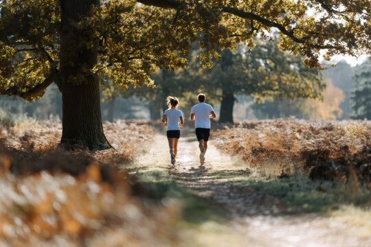 A couple jogging on a path through an autumn park. Man and woman running together in nature. Outdoor fitness and active lifestyle