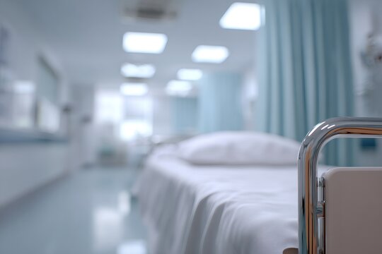 Close-up of a hospital bed rail with a blurred background of a patient room. Medical and healthcare concept. Empty ward interior