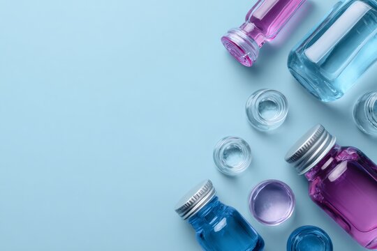 Flat lay of cosmetic bottles with colorful liquids on a blue background. Laboratory glassware and science research concept. Skincare product ingredients with copy space