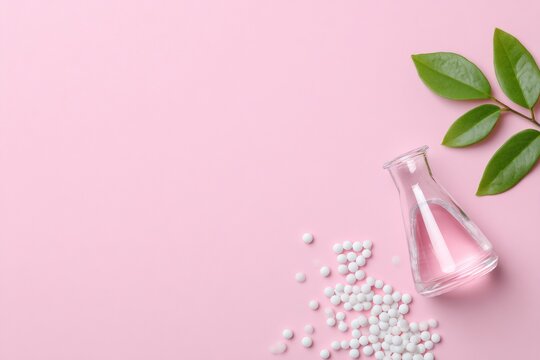 Homeopathic medicine concept with globules and a laboratory flask. Natural herbal remedy ingredients on a pink background. Alternative healthcare flat lay with copy space