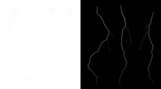 Dramatic lightning bolt overlay on black background, realistic electric discharge effect, white thunderbolt strike for composite design