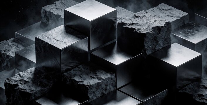 Abstract composition of metallic cubes and rough stone blocks. Geometric shapes contrast with organic textures. Dark moody lighting creates dramatic shadows and highlights.