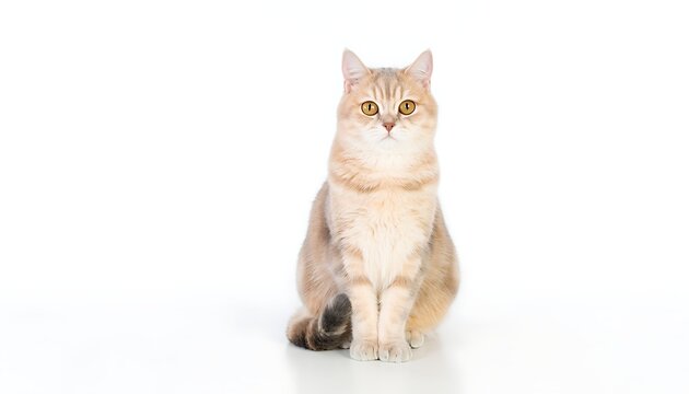 Fluffy white kitten sitting on white background.