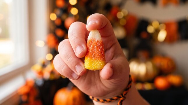 Close-up of a hand holding a sugar-coated candy corn piece against a festive orange and black Halloween bokeh background.
